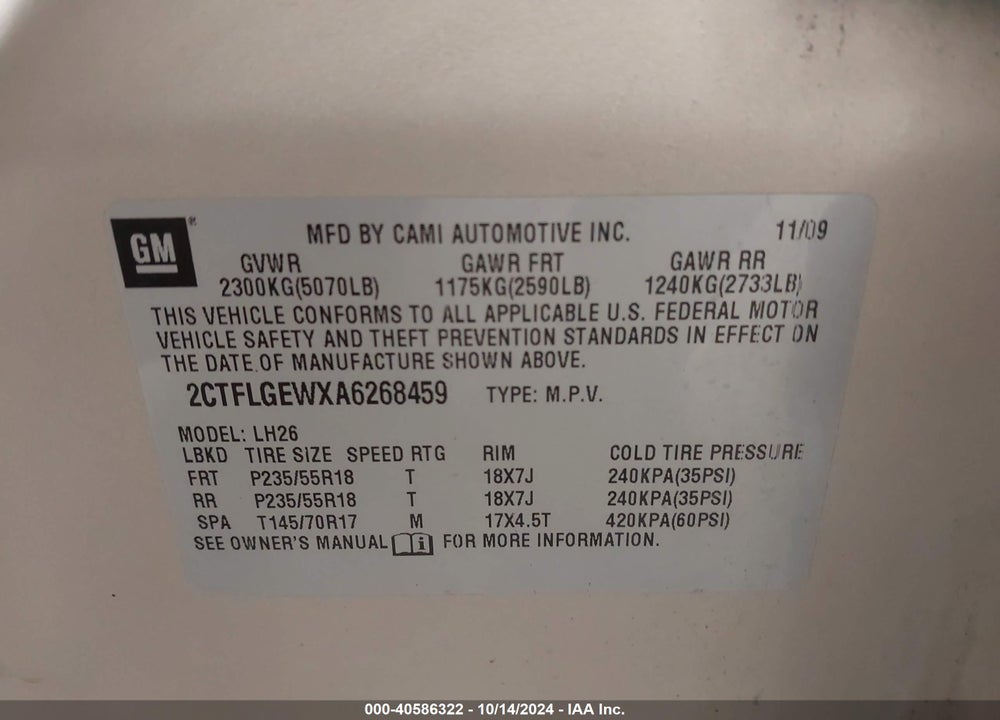 2010 GMC TERRAIN SLT-1 VIN: 2CTFLGEWXA6268459