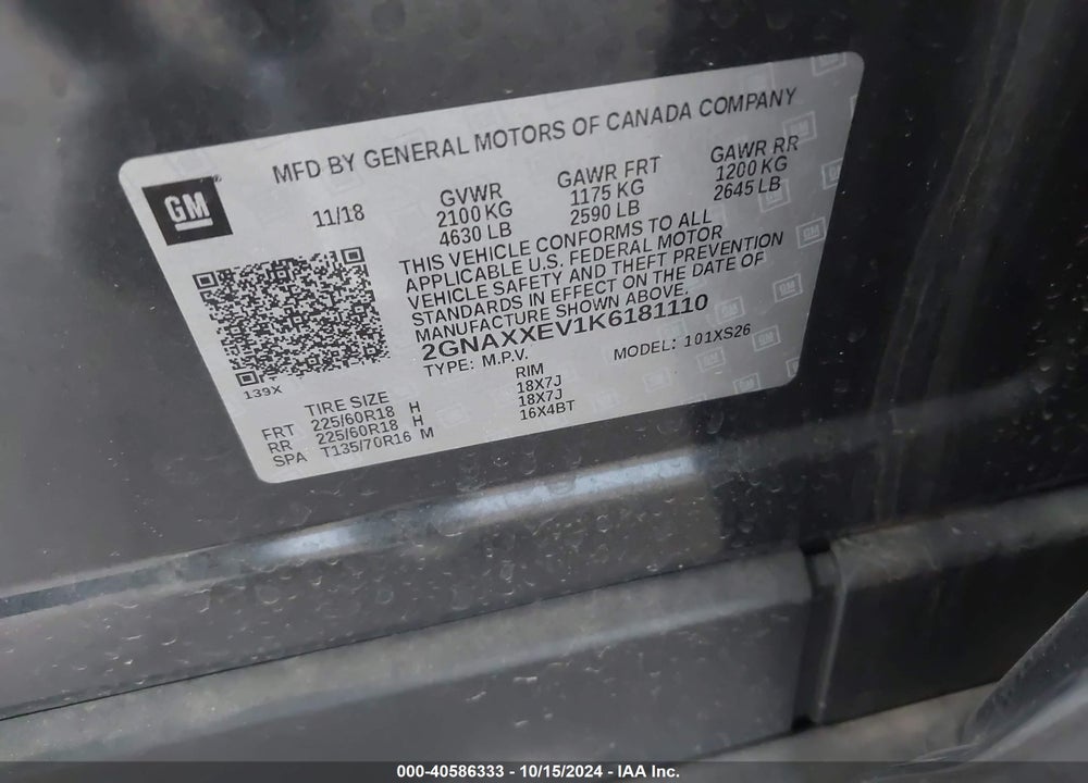 2019 CHEVROLET EQUINOX PREMIER VIN: 2GNAXXEV1K6181110