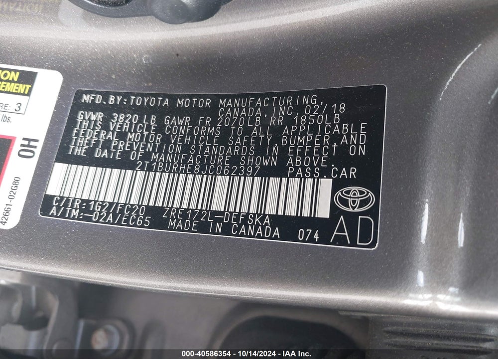 2018 TOYOTA COROLLA SE VIN: 2T1BURHE8JC062397