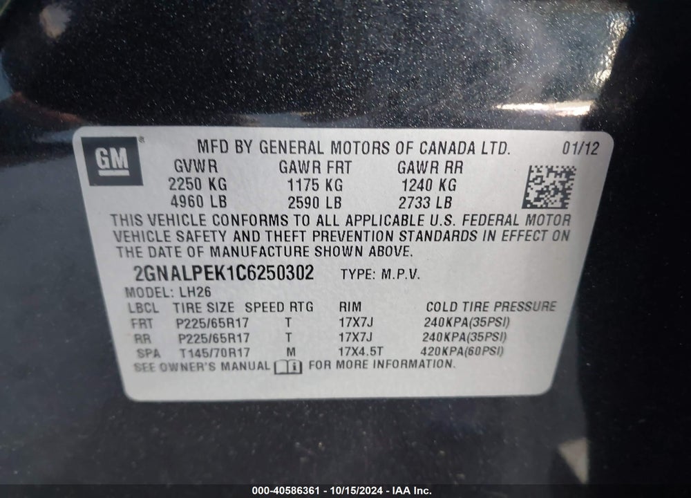 2012 CHEVROLET EQUINOX 2LT VIN: 2GNALPEK1C6250302