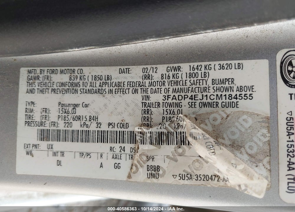 2012 FORD FIESTA SE VIN: 3FADP4EJ1CM184555