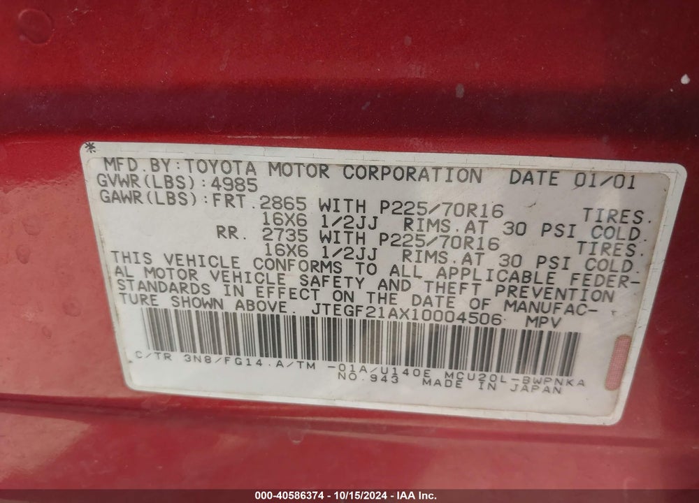 2001 TOYOTA HIGHLANDER V6 VIN: JTEGF21AX10004506