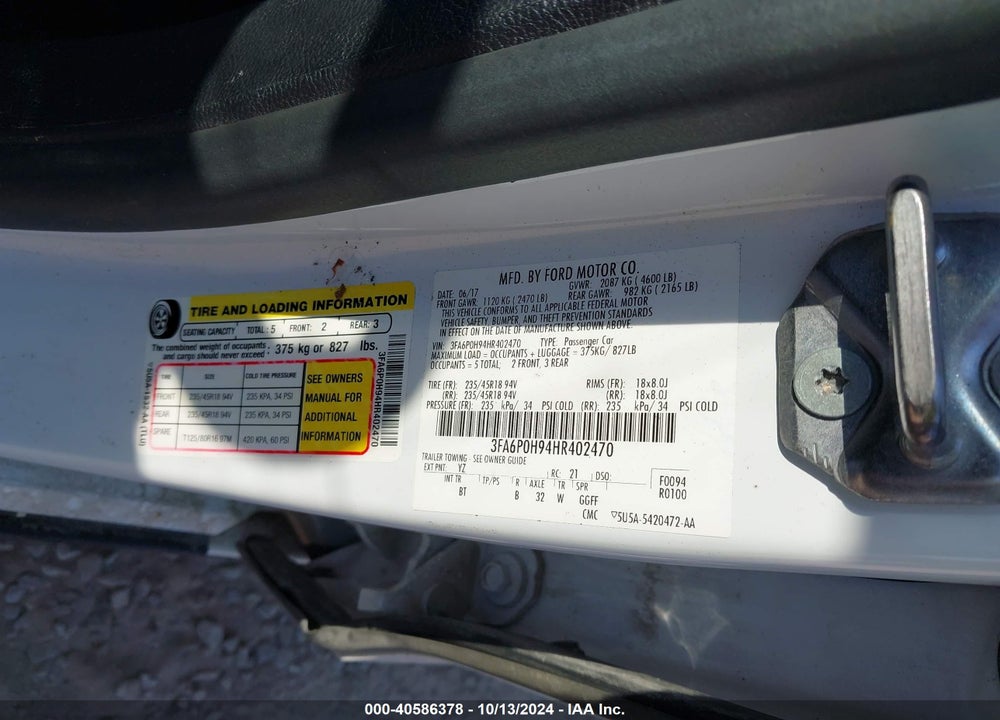 2017 FORD FUSION SE VIN: 3FA6P0H94HR402470