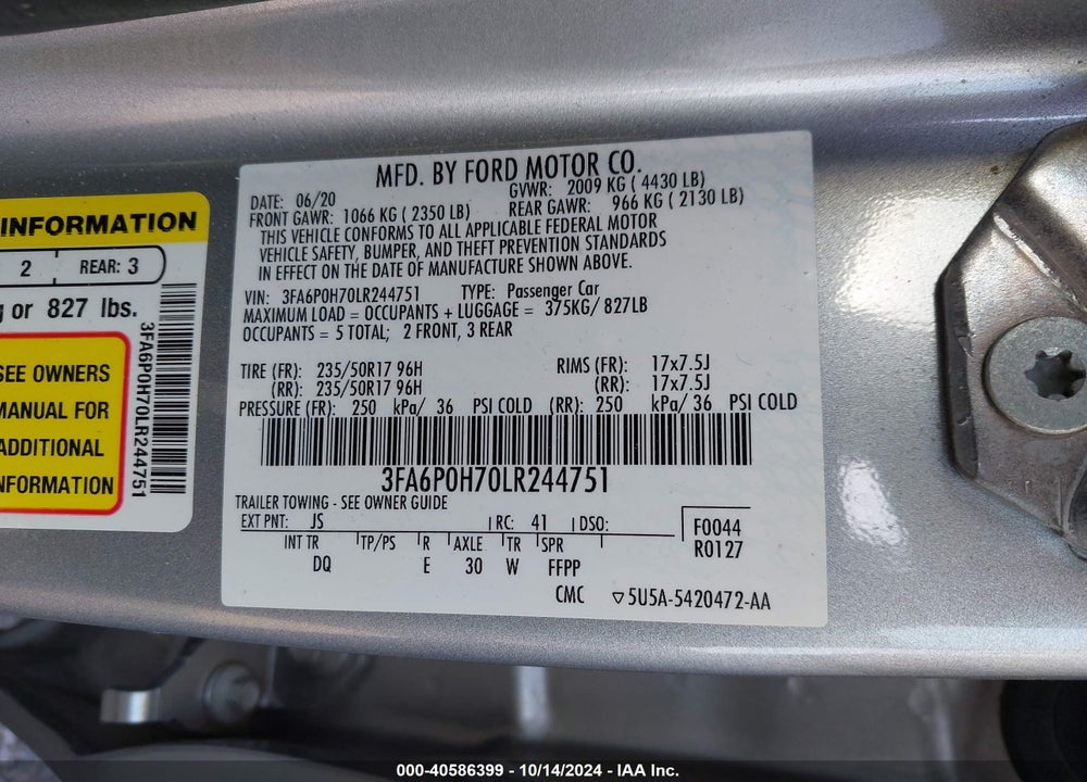 2020 FORD FUSION VIN: 3FA6P0H70LR244751