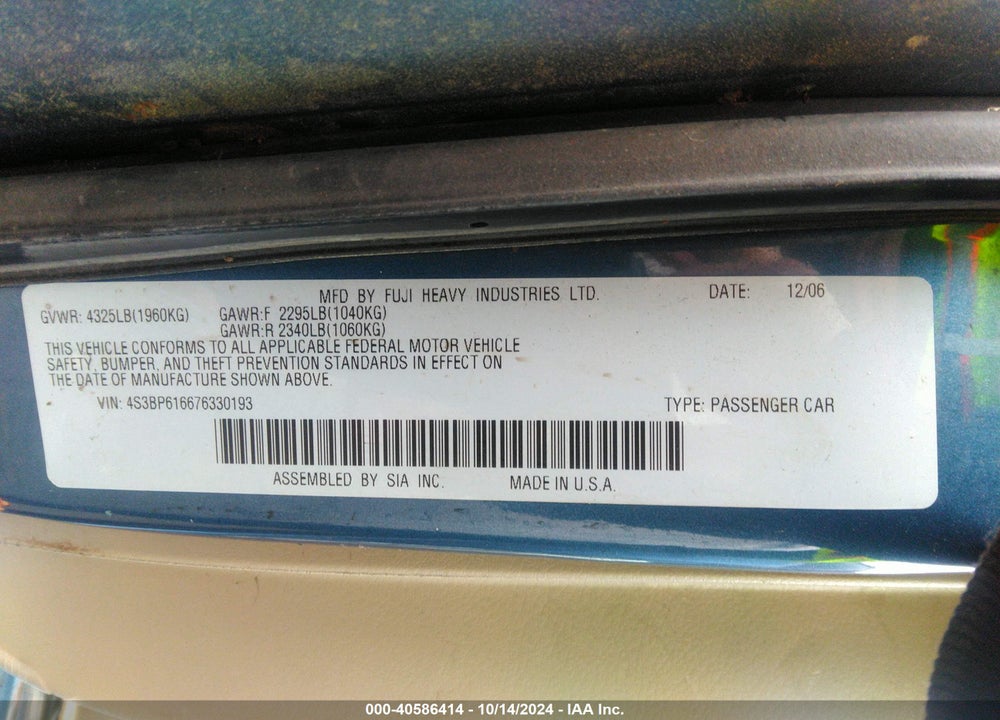 2007 SUBARU LEGACY 2.5I VIN: 4S3BP616676330193