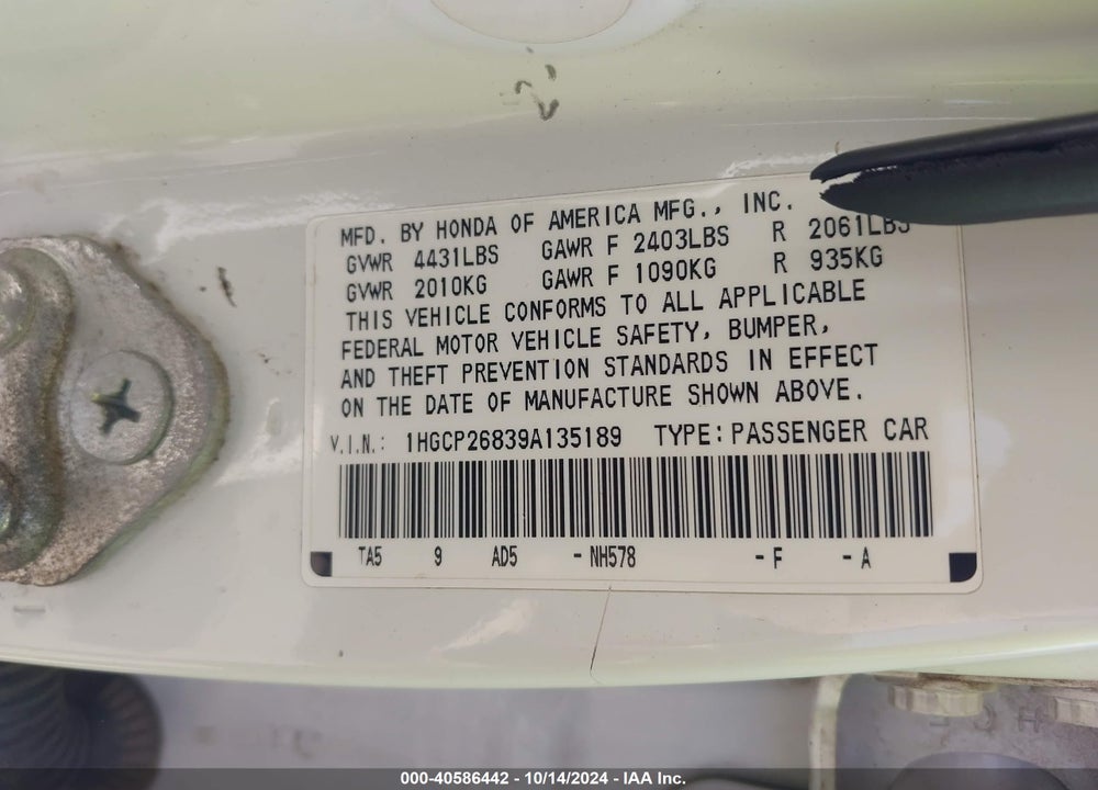 2009 HONDA ACCORD 2.4 EX-L VIN: 1HGCP26839A135189
