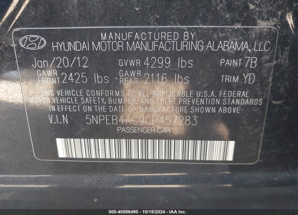 2012 HYUNDAI SONATA GLS VIN: 5NPEB4AC9CH457283