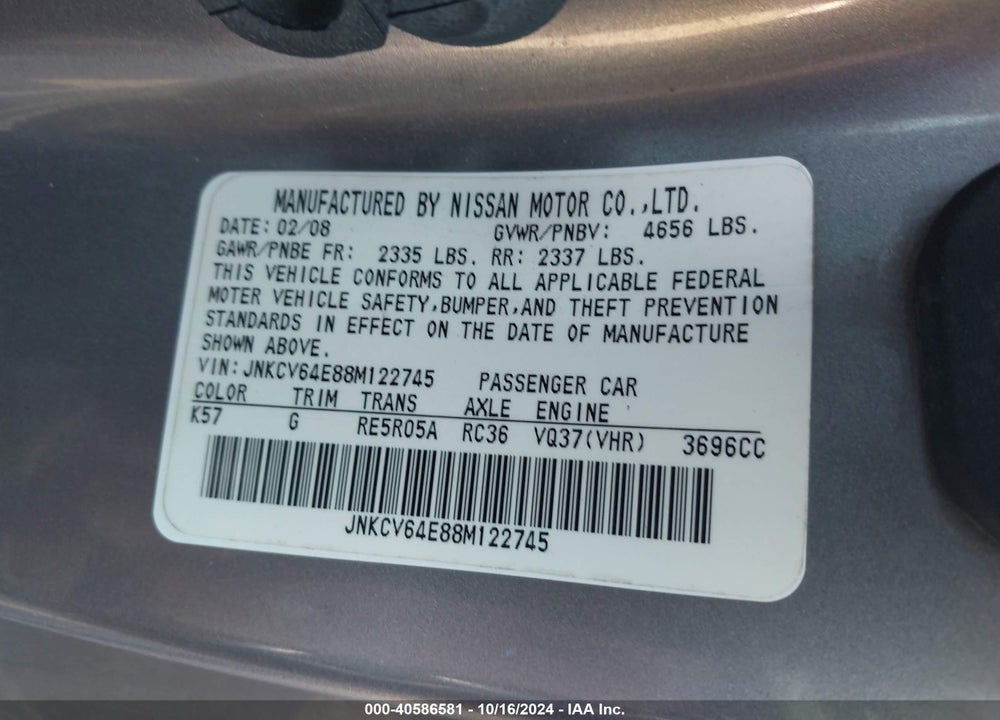 2008 INFINITI G37 JOURNEY VIN: JNKCV64E88M122745