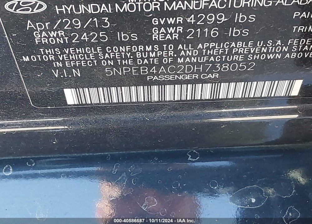 2013 HYUNDAI SONATA GLS VIN: 5NPEB4AC2DH738052