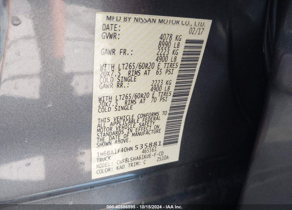 2017 NISSAN TITAN XD SV DIESEL VIN: 1N6BA1F40HN535881
