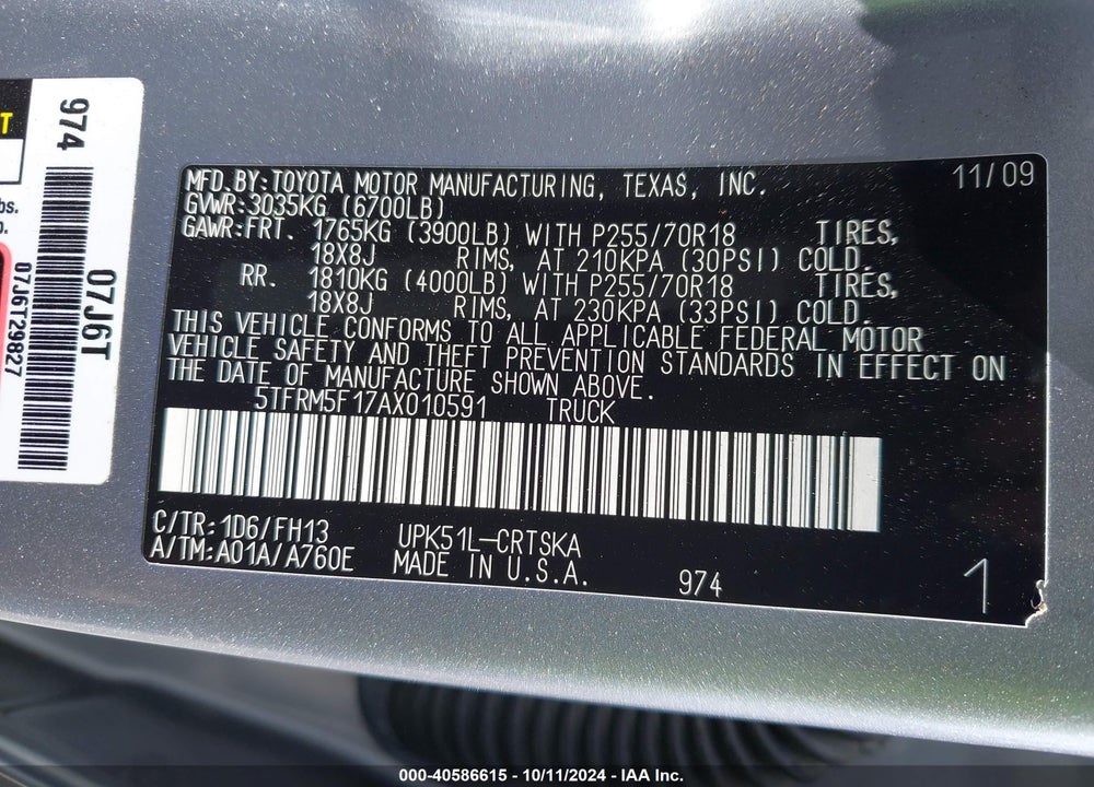 2010 TOYOTA TUNDRA GRADE 4.6L V8 VIN: 5TFRM5F17AX010591