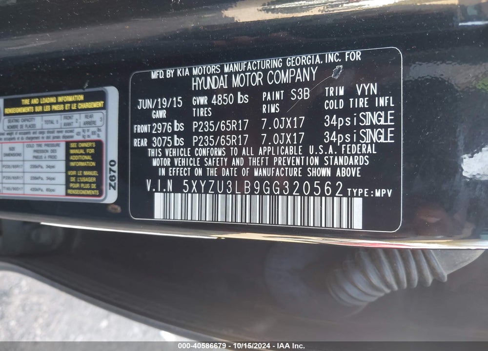 2016 HYUNDAI SANTA FE SPORT 2.4L VIN: 5XYZU3LB9GG320562