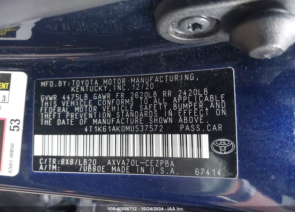 2021 TOYOTA CAMRY XSE VIN: 4T1K61AK0MU537572