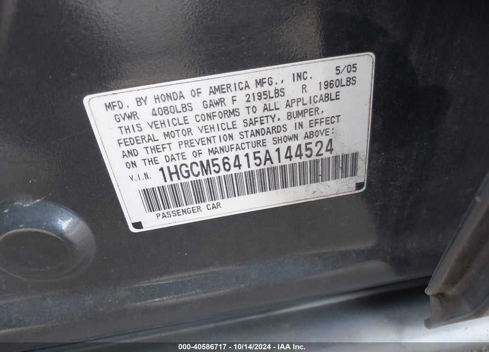2005 HONDA ACCORD 2.4 LX VIN: 1HGCM56415A144524