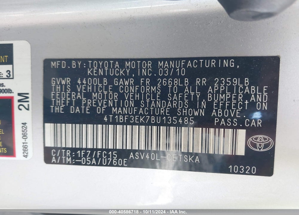 2011 TOYOTA CAMRY SE VIN: 4T1BF3EK7BU135485