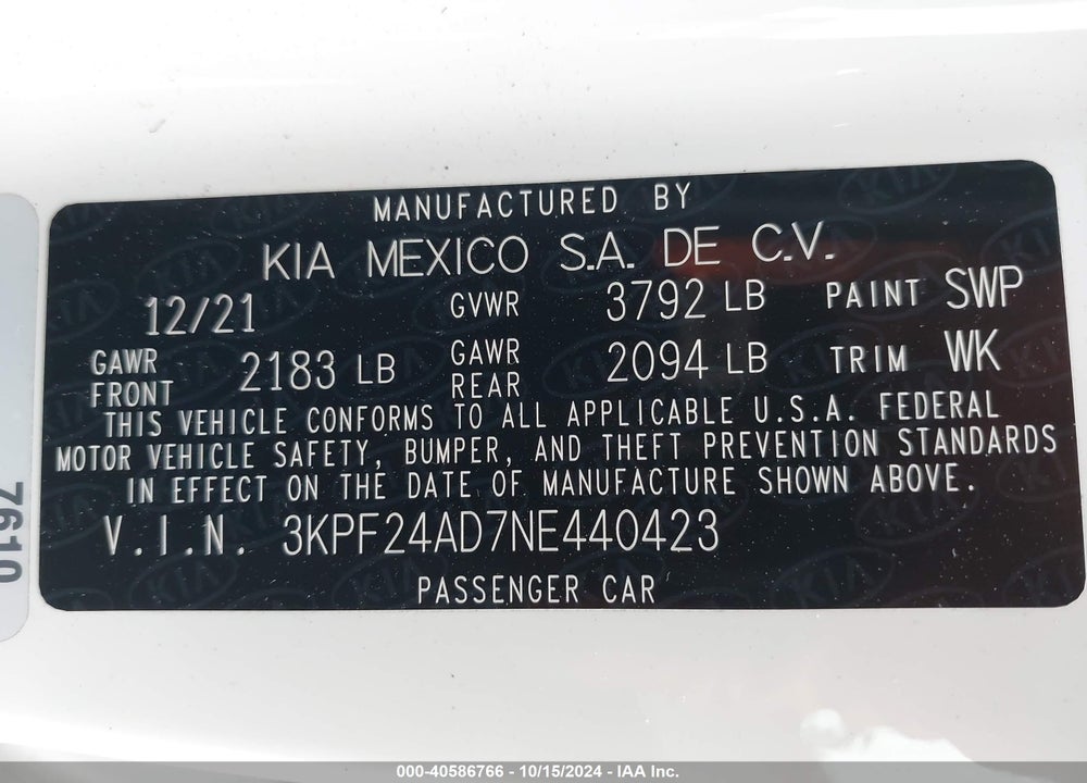 2022 KIA FORTE LXS VIN: 3KPF24AD7NE440423