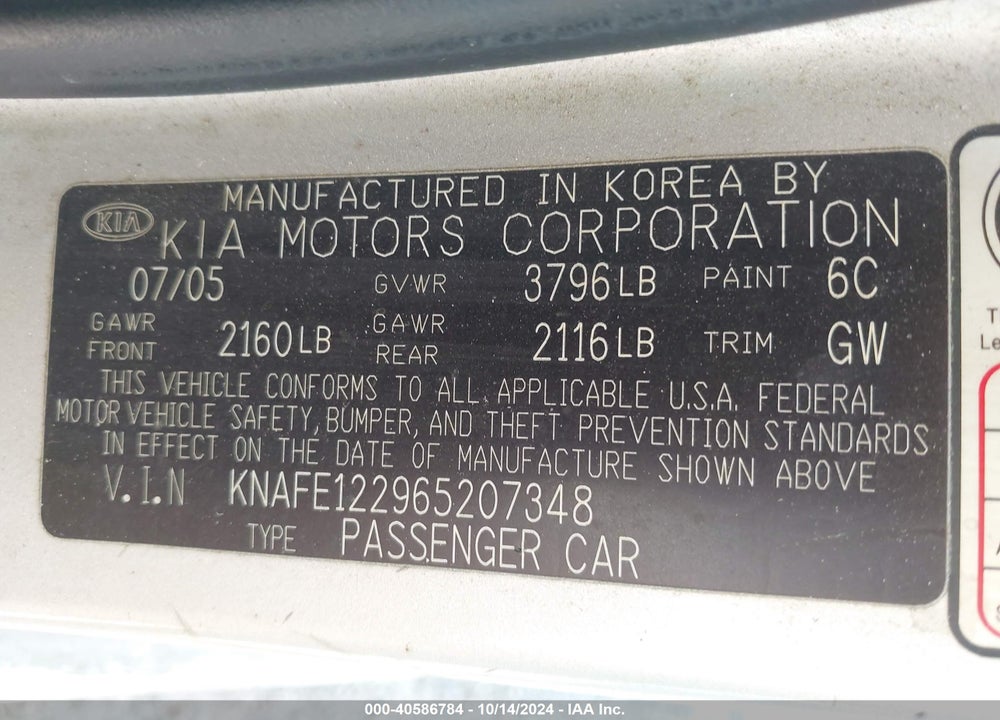2006 KIA SPECTRA EX/LX/SX VIN: KNAFE122965207348