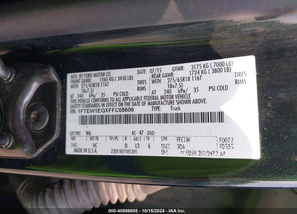 2015 FORD F-150 LARIAT VIN: 1FTEW1EGXFFC05606