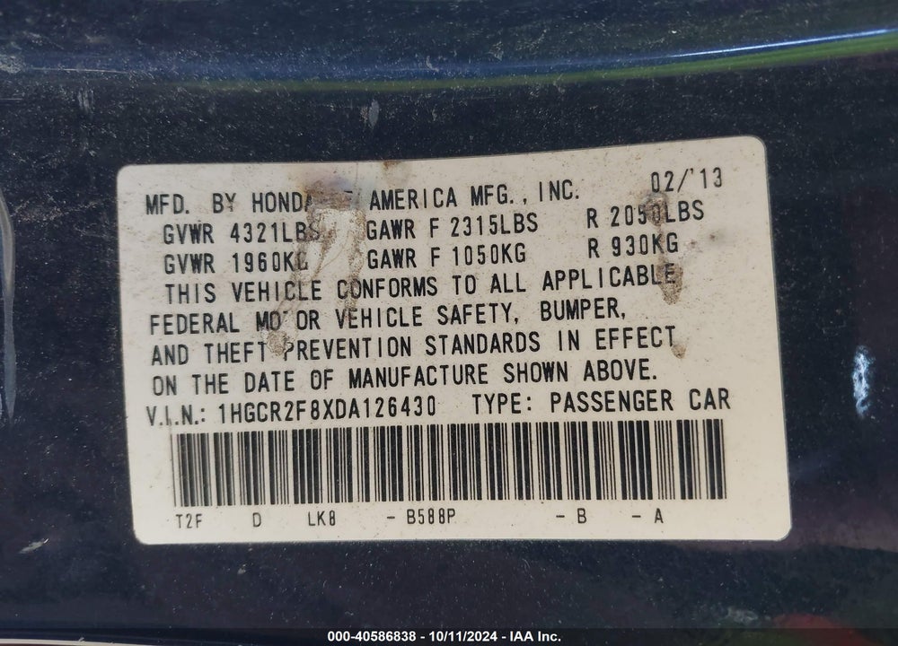 2013 HONDA ACCORD VIN: 1HGCR2F8XDA126430