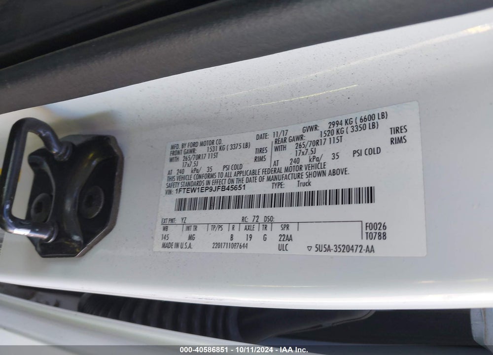 2018 FORD F-150 VIN: 1FTEW1EP9JFB45651