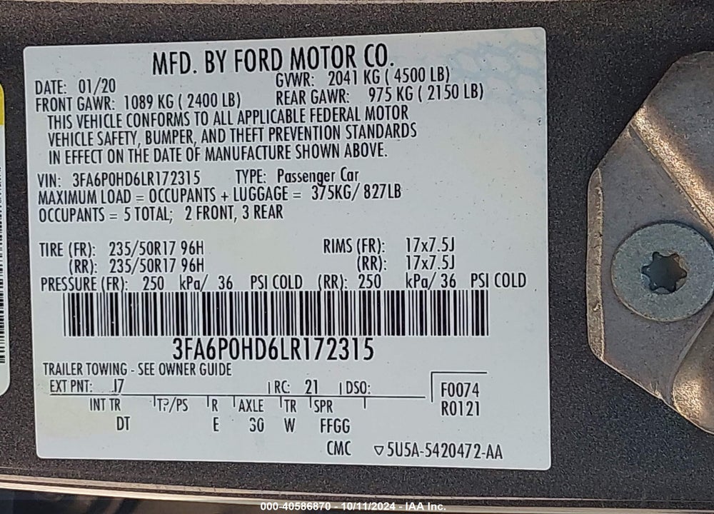2020 FORD FUSION SE VIN: 3FA6P0HD6LR172315