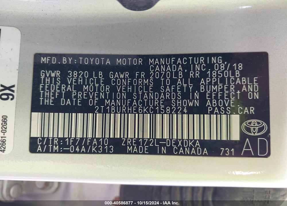 2019 TOYOTA COROLLA L VIN: 2T1BURHE6KC158224