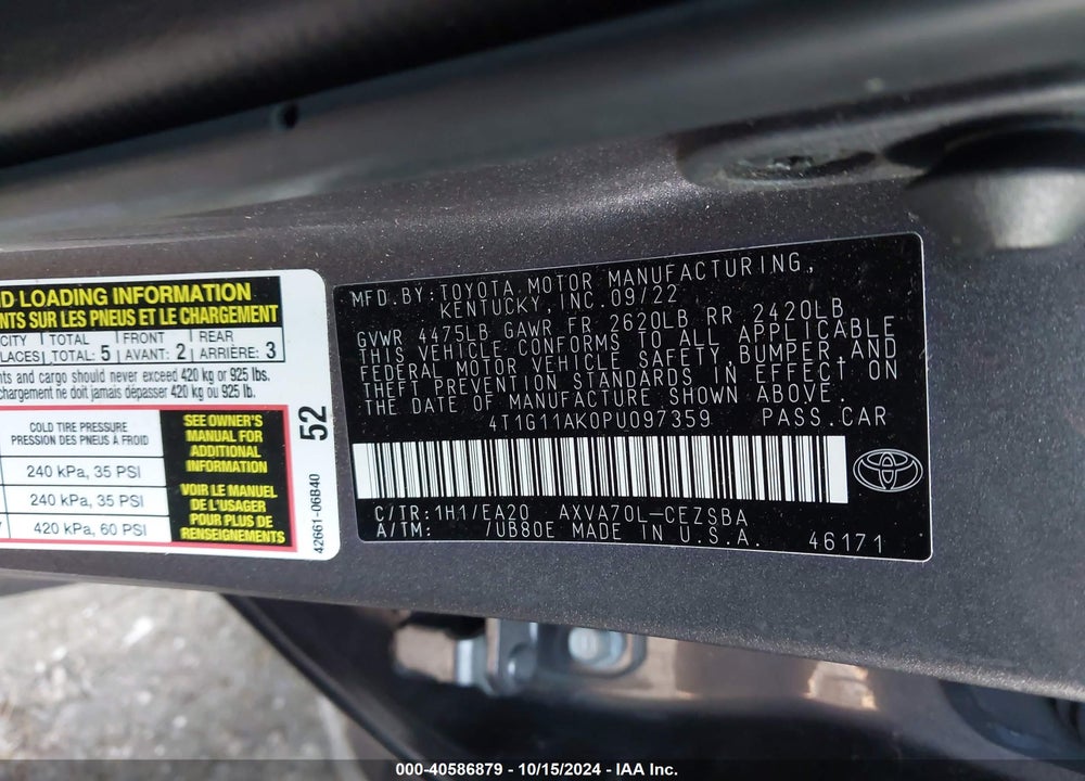 2023 TOYOTA CAMRY SE VIN: 4T1G11AK0PU097359