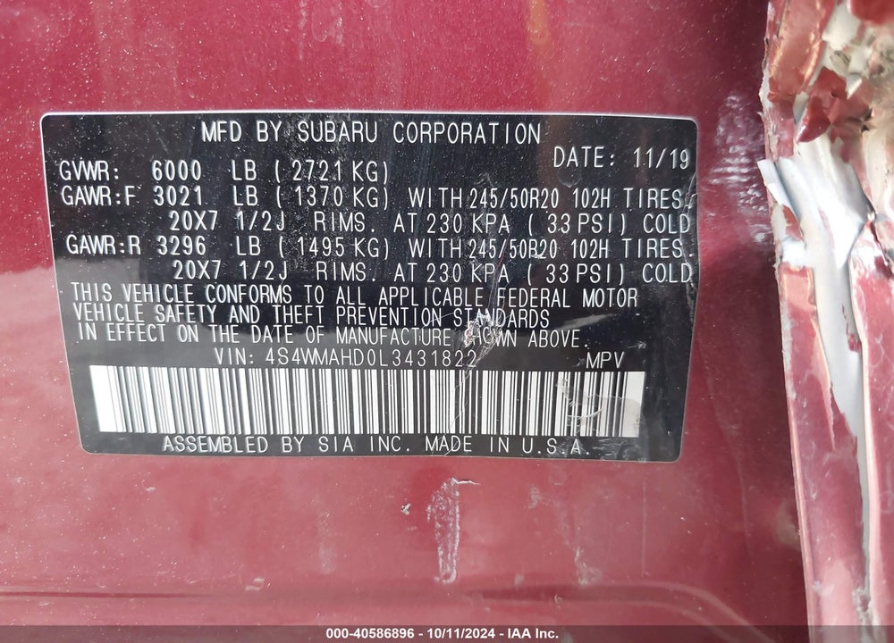 2020 SUBARU ASCENT PREMIUM VIN: 4S4WMAHD0L3431822