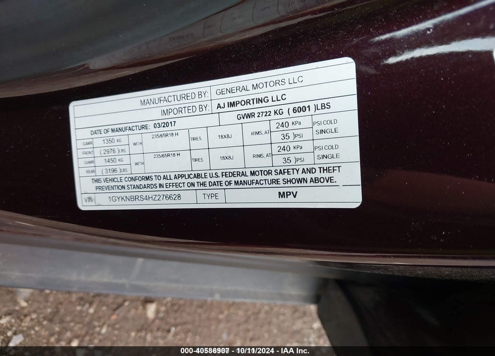 2017 CADILLAC XT5 LUXURY VIN: 1GYKNBRS4HZ276628