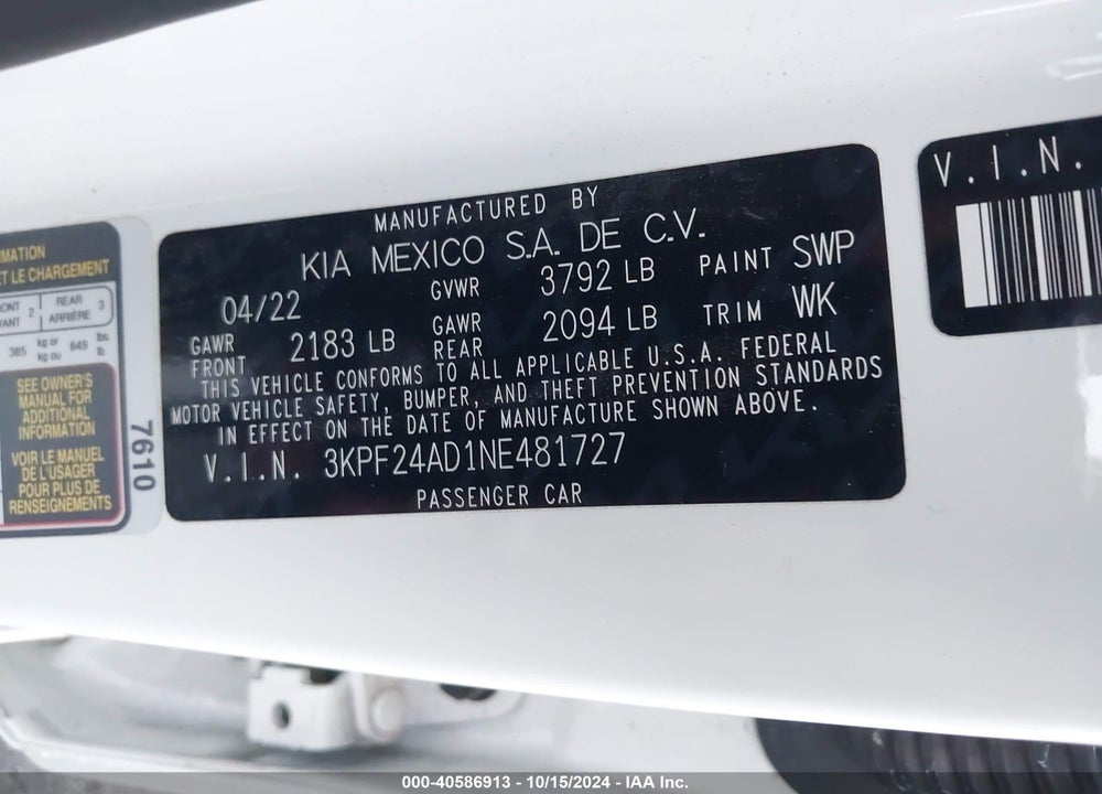 2022 KIA FORTE LXS VIN: 3KPF24AD1NE481727