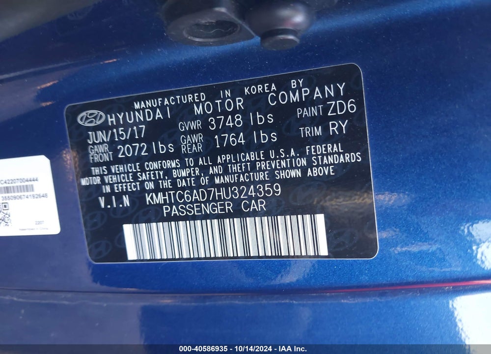 2017 HYUNDAI VELOSTER VALUE EDITION VIN: KMHTC6AD7HU324359