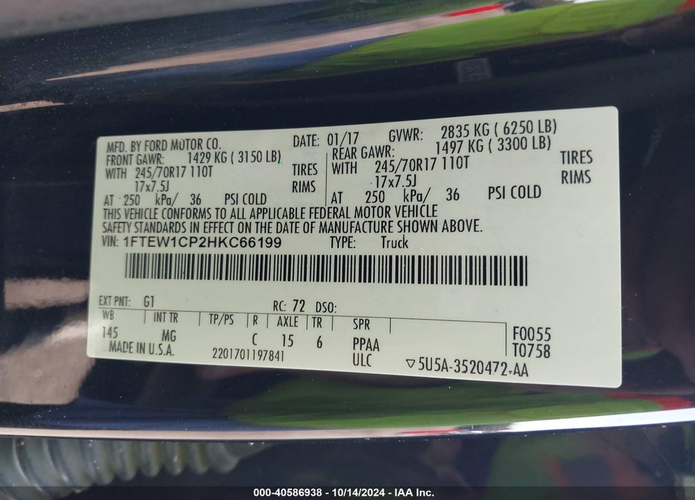 2017 FORD F-150 XLT VIN: 1FTEW1CP2HKC66199
