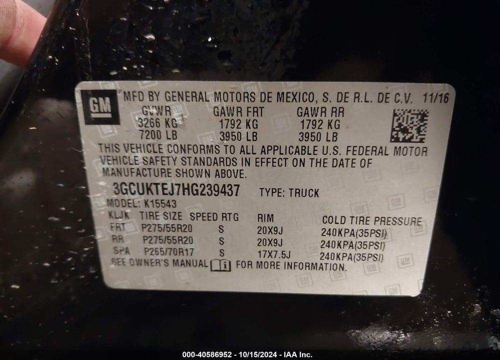 2017 CHEVROLET SILVERADO 1500 HIGH COUNTRY VIN: 3GCUKTEJ7HG239437