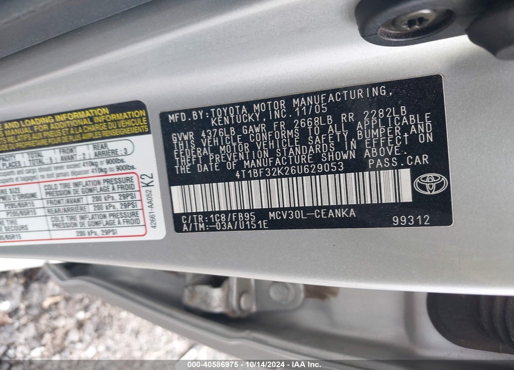 2006 TOYOTA CAMRY LE V6 VIN: 4T1BF32K26U629053