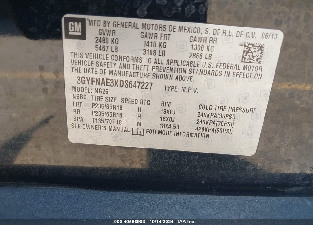 2013 CADILLAC SRX STANDARD VIN: 3GYFNAE3XDS647227