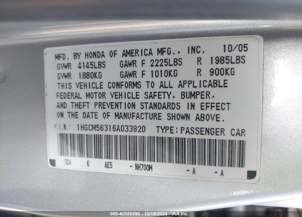 2006 HONDA ACCORD 2.4 SE VIN: 1HGCM56316A033920