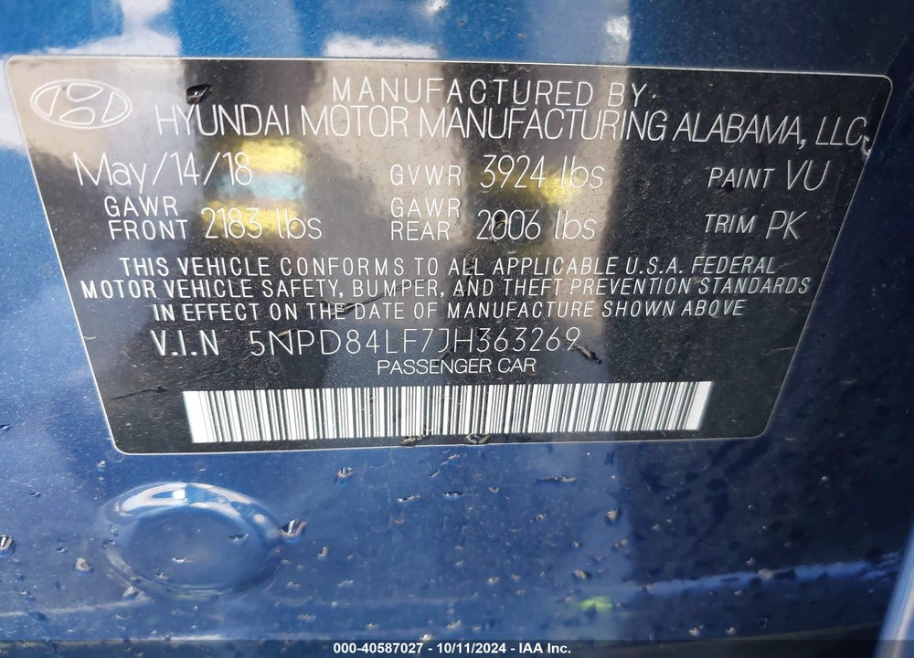 2018 HYUNDAI ELANTRA SEL VIN: 5NPD84LF7JH363269