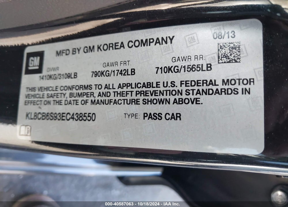 2014 CHEVROLET SPARK LS AUTO VIN: KL8CB6S93EC438550