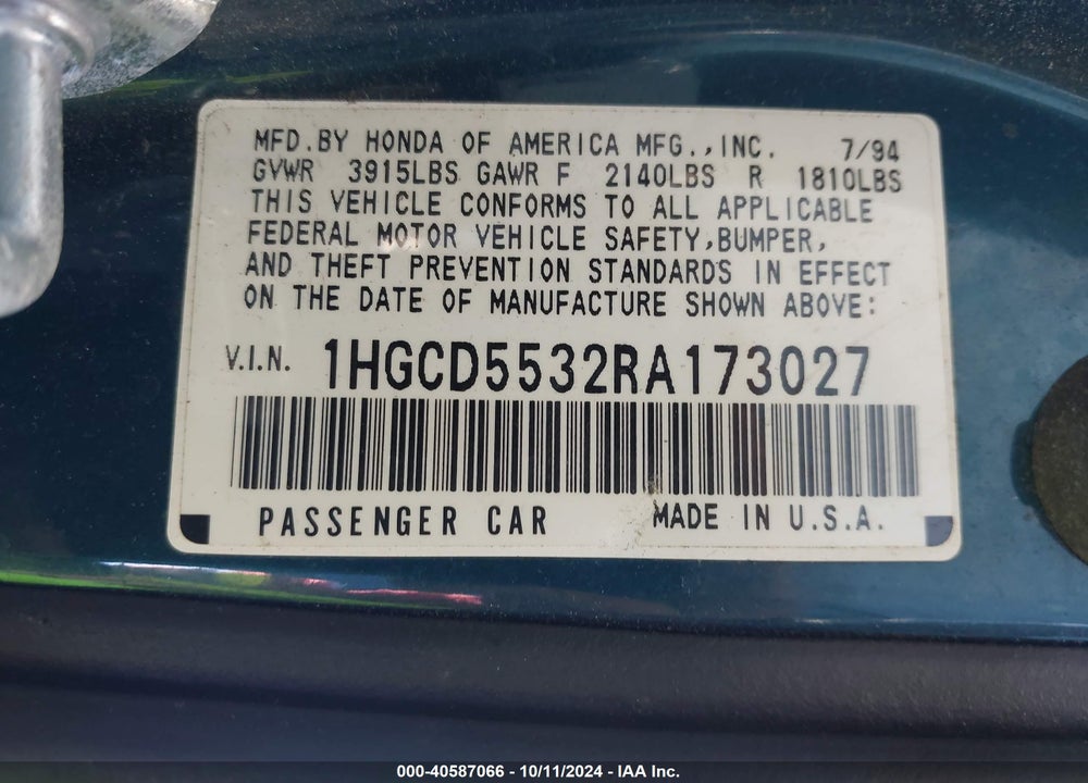 1994 HONDA ACCORD LX/EX VIN: 1HGCD5532RA173027