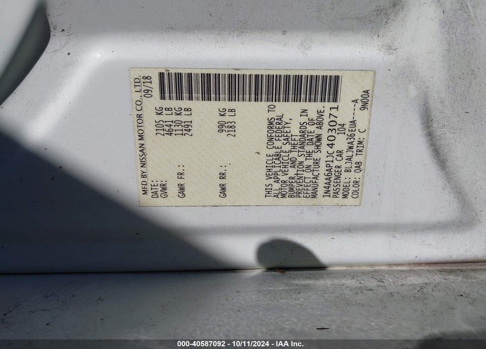 2018 NISSAN MAXIMA 3.5 SV VIN: 1N4AA6AP1JC403071
