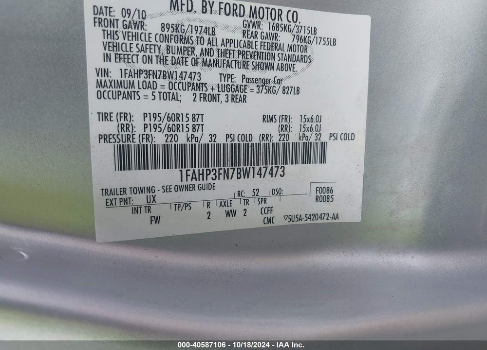 2011 FORD FOCUS SE VIN: 1FAHP3FN7BW147473