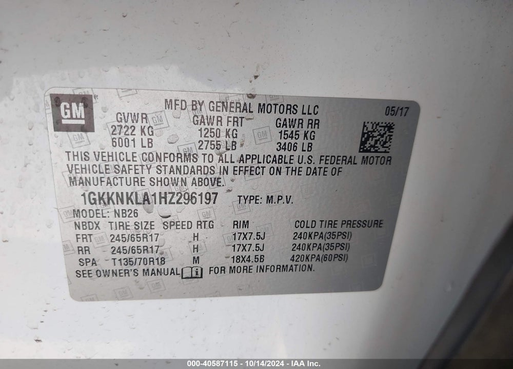 2017 GMC ACADIA SLE-1 VIN: 1GKKNKLA1HZ296197