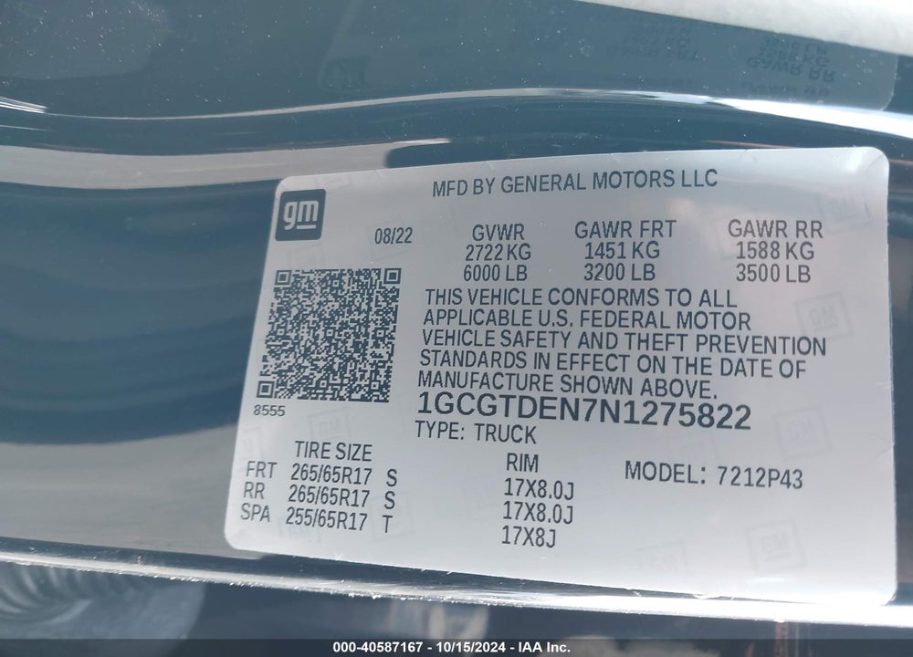 2022 CHEVROLET COLORADO 4WD SHORT BOX Z71 VIN: 1GCGTDEN7N1275822