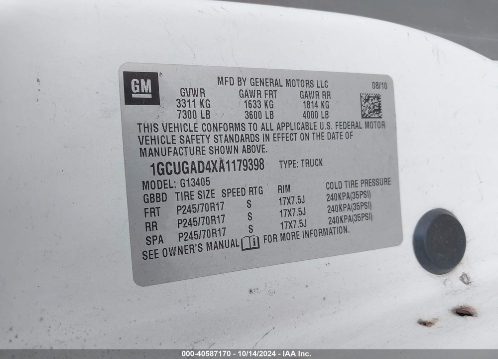 2010 CHEVROLET EXPRESS 1500 WORK VAN VIN: 1GCUGAD4XA1179398