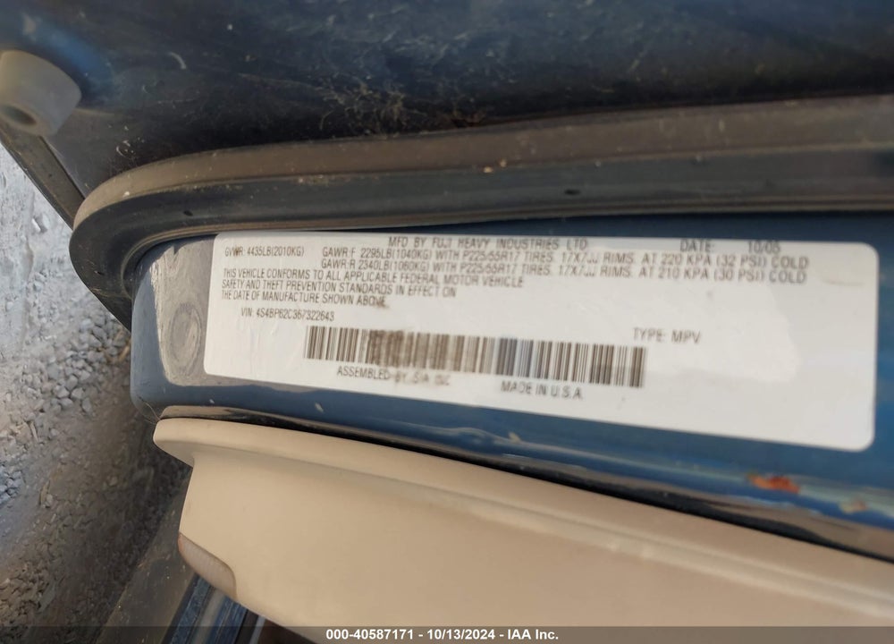 2006 SUBARU OUTBACK 2.5I LIMITED VIN: 4S4BP62C367322643