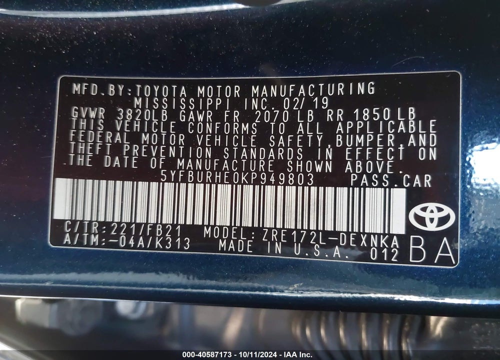 2019 TOYOTA COROLLA LE VIN: 5YFBURHE0KP949803