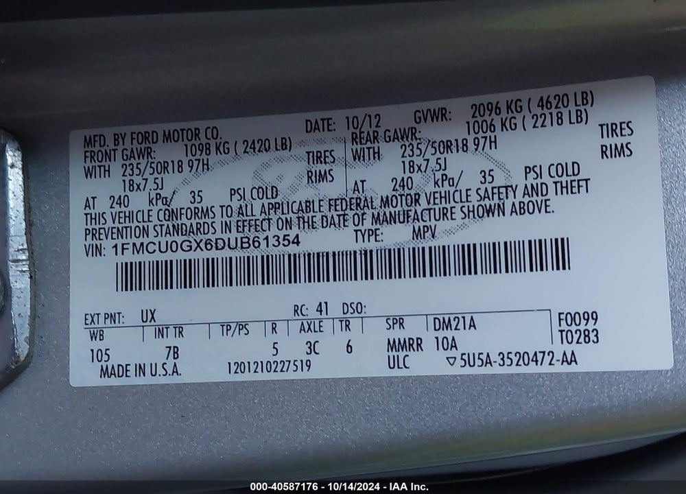 2013 FORD ESCAPE SE VIN: 1FMCU0GX6DUB61354