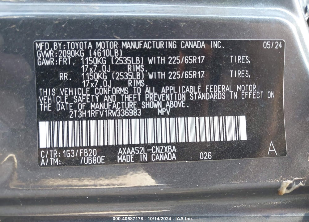 2024 TOYOTA RAV4 LE VIN: 2T3H1RFV1RW336983