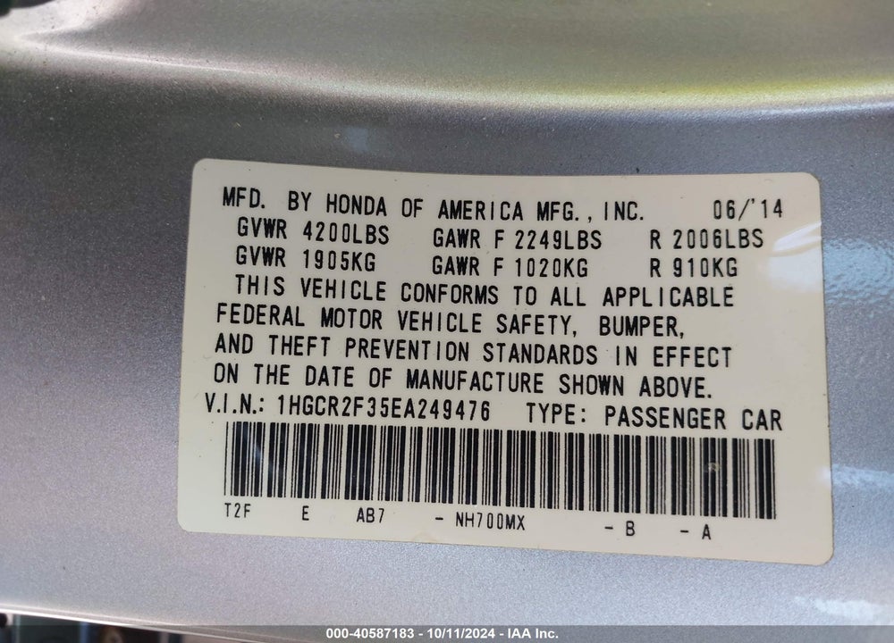 2014 HONDA ACCORD LX VIN: 1HGCR2F35EA249476