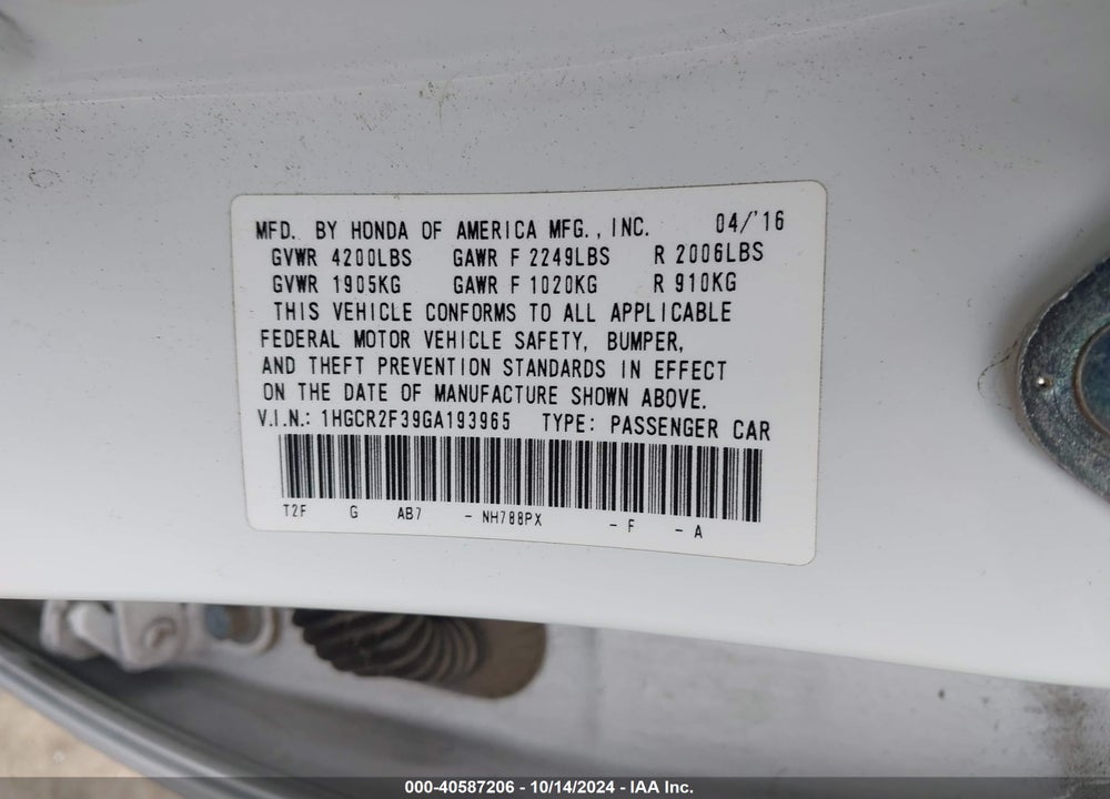 2016 HONDA ACCORD LX VIN: 1HGCR2F39GA193965